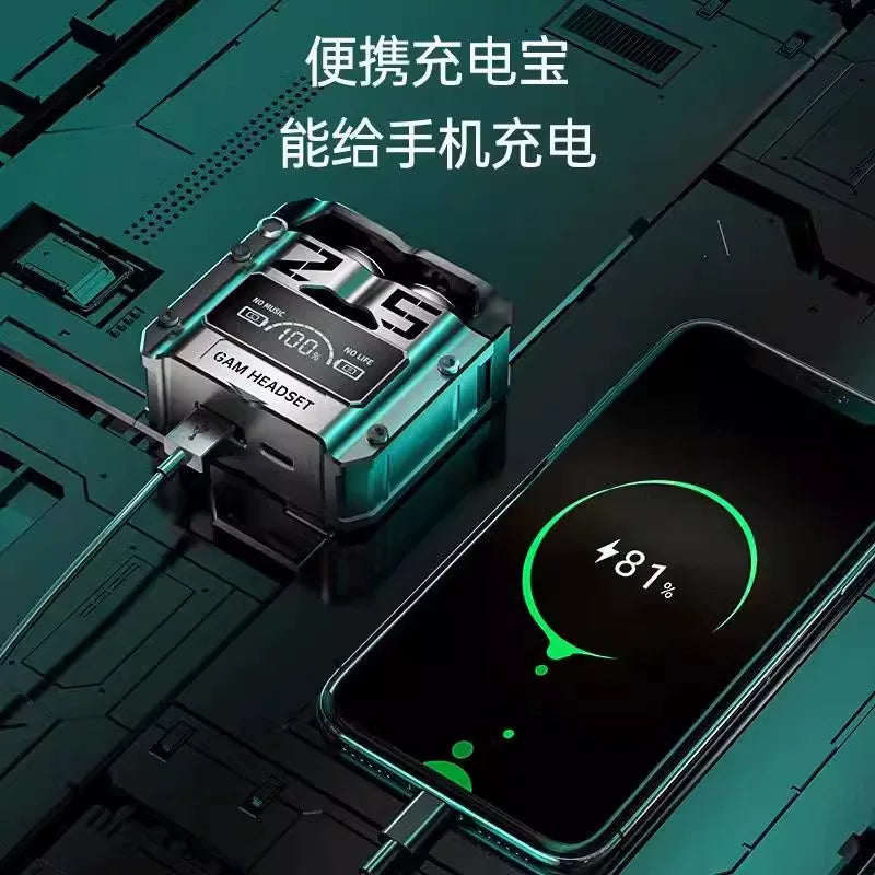 跨境M25蓝牙耳机无线触控金属机甲风格低功耗电竞游戏数显耳机
