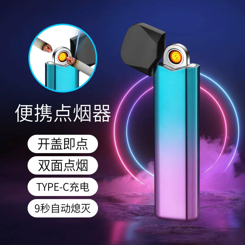 轻巧炫彩色TYPE-C充电打火机开盖即燃便携式多色双面点烟器 跨境