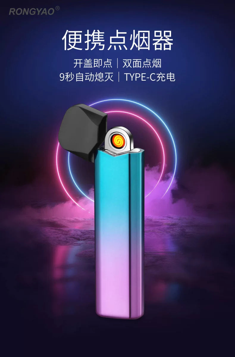轻巧炫彩色TYPE-C充电打火机开盖即燃便携式多色双面点烟器 跨境