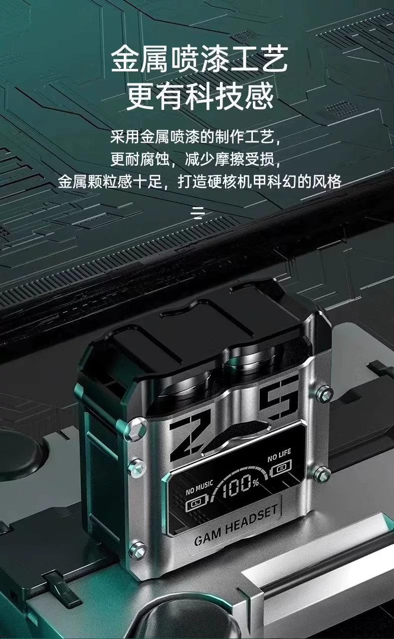 跨境M25蓝牙耳机无线触控金属机甲风格低功耗电竞游戏数显耳机