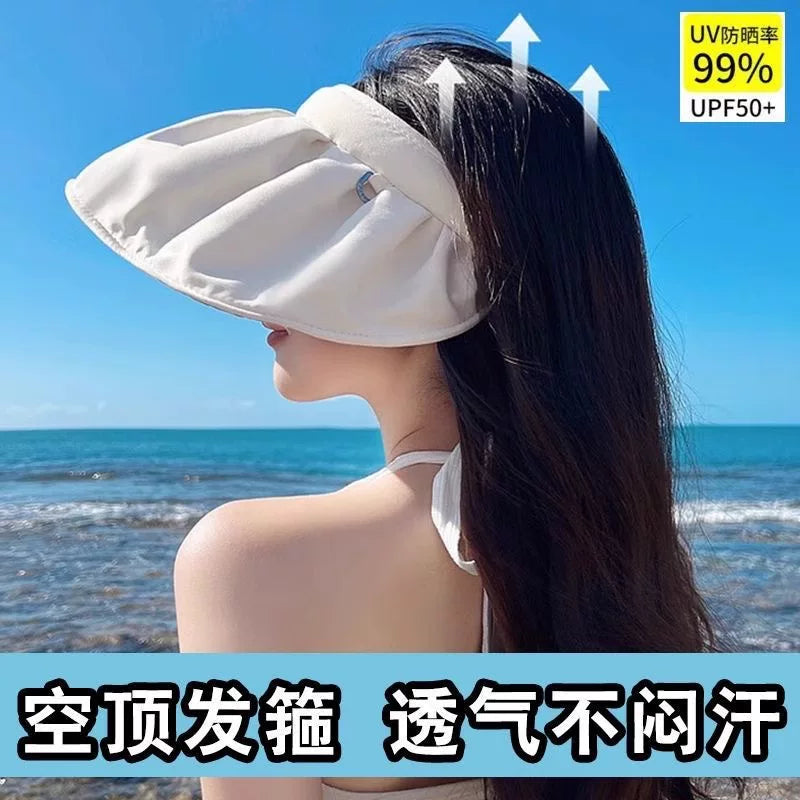 批发遮阳帽女夏季大帽檐骑车防紫外线空顶太阳帽子可折叠遮脸防晒