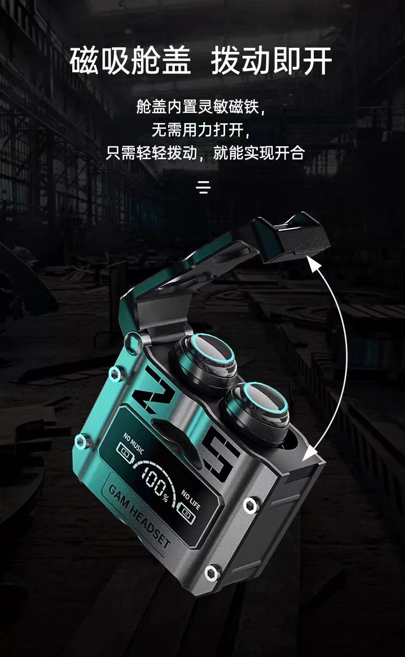 跨境M25蓝牙耳机无线触控金属机甲风格低功耗电竞游戏数显耳机